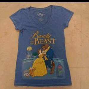DISNEY Women's Sz S Blue Beauty and the Beast V-Neck Cap Sleeve Graphic T-Shirt
